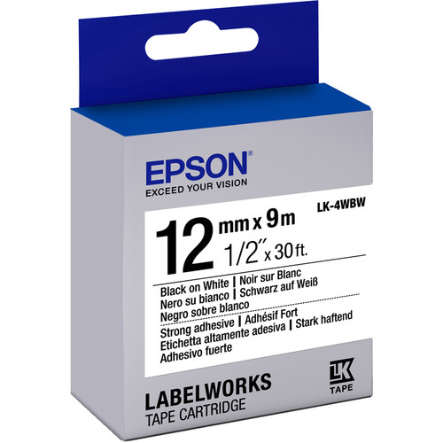 Epson LabelWorks Strong Adhesive LK Tape Black on White Cartridge (1/2" x 30')