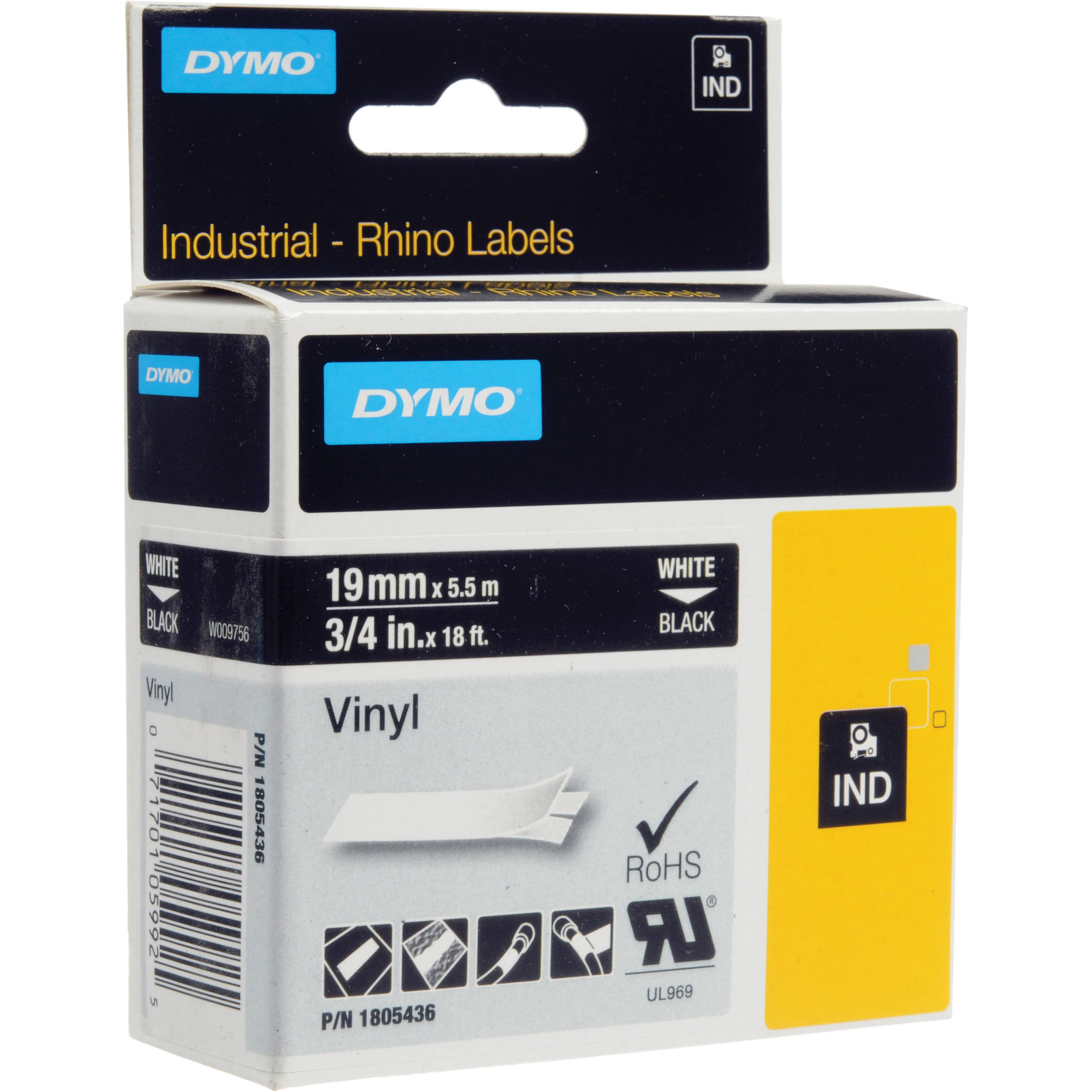 Dymo Rhino 3/4" Black Vinyl Labels (White Print)